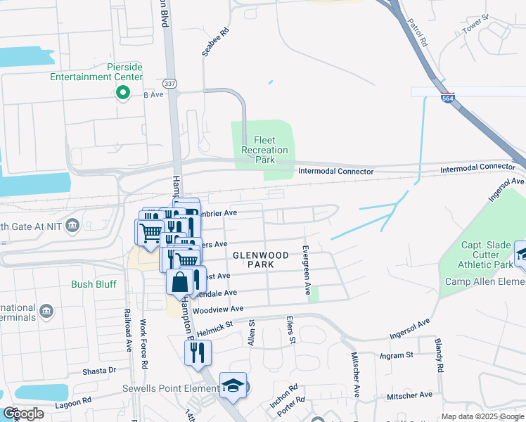 map of restaurants, bars, coffee shops, grocery stores, and more near Greenbrier Avenue in Norfolk