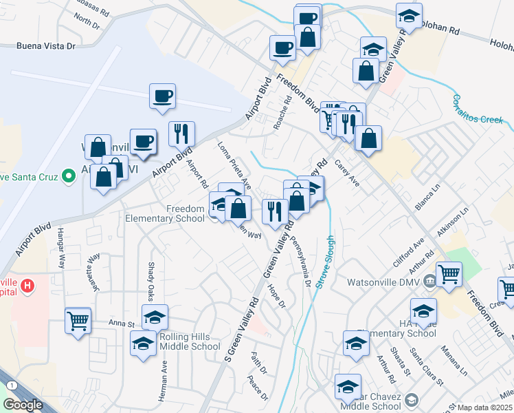 map of restaurants, bars, coffee shops, grocery stores, and more near 80 Loma Prieta Avenue in Freedom