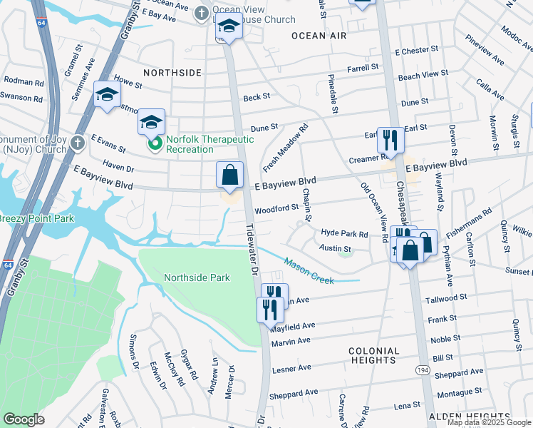map of restaurants, bars, coffee shops, grocery stores, and more near 421 Woodford Street in Norfolk