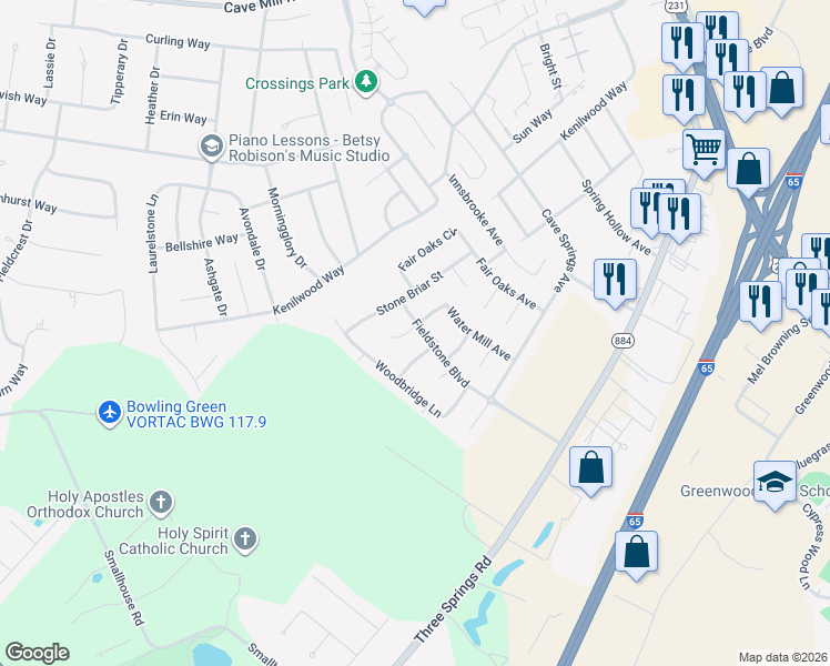 map of restaurants, bars, coffee shops, grocery stores, and more near 3600 Abbywood Street in Bowling Green