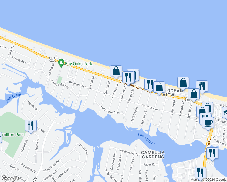 map of restaurants, bars, coffee shops, grocery stores, and more near 9615 11th Bay Street in Norfolk