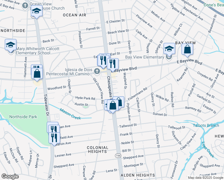 map of restaurants, bars, coffee shops, grocery stores, and more near 8550 Chesapeake Boulevard in Norfolk