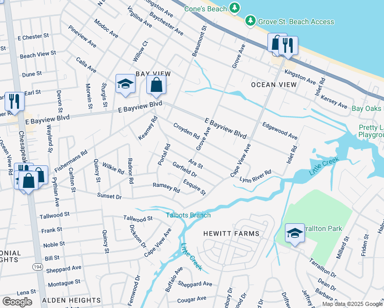 map of restaurants, bars, coffee shops, grocery stores, and more near 1800 Ara Street in Norfolk