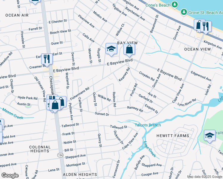 map of restaurants, bars, coffee shops, grocery stores, and more near 8458 Primrose Street in Norfolk