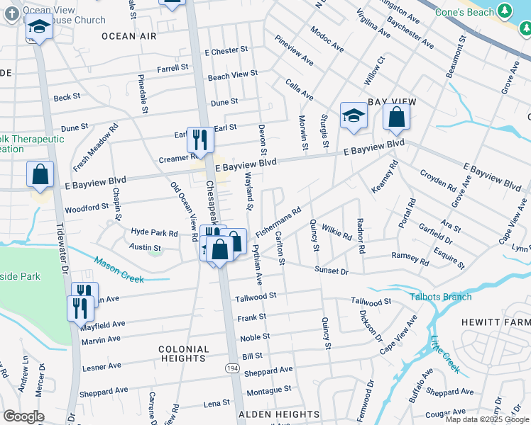 map of restaurants, bars, coffee shops, grocery stores, and more near 1320 Fishermans Road in Norfolk
