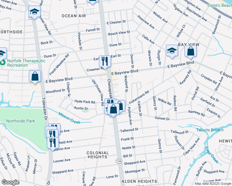 map of restaurants, bars, coffee shops, grocery stores, and more near 8534 Virginia 194 in Norfolk