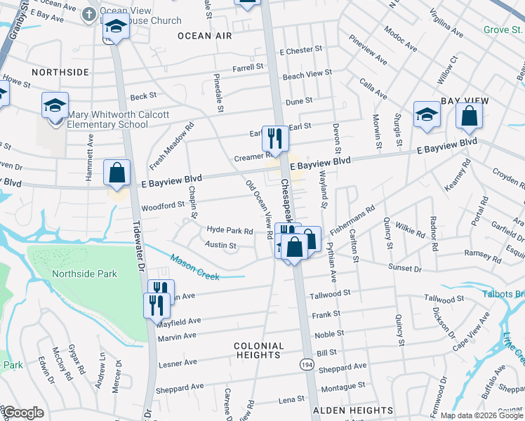 map of restaurants, bars, coffee shops, grocery stores, and more near 8539 Old Ocean View Road in Norfolk