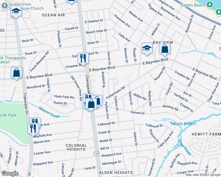 map of restaurants, bars, coffee shops, grocery stores, and more near 1320 Fishermans Road in Norfolk