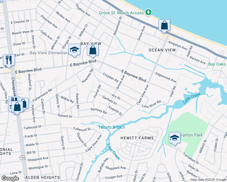 map of restaurants, bars, coffee shops, grocery stores, and more near 1800 Ara Street in Norfolk