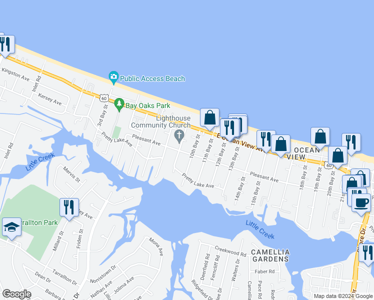 map of restaurants, bars, coffee shops, grocery stores, and more near 2904 Pleasant Avenue in Norfolk