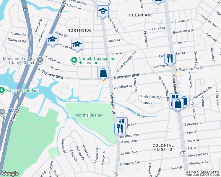 map of restaurants, bars, coffee shops, grocery stores, and more near 8565 Tidewater Drive in Norfolk