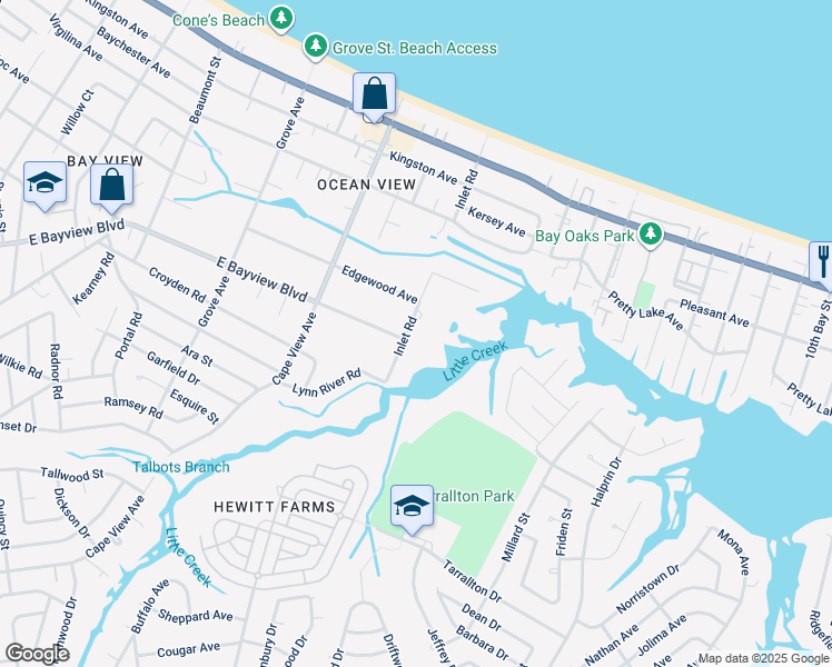 map of restaurants, bars, coffee shops, grocery stores, and more near 9308 Inlet Road in Norfolk