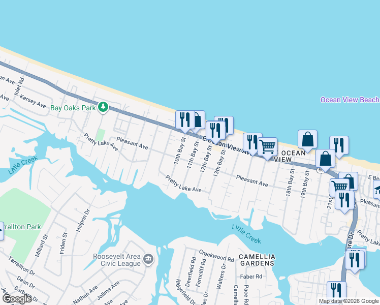map of restaurants, bars, coffee shops, grocery stores, and more near 9614 11th Bay Street in Norfolk