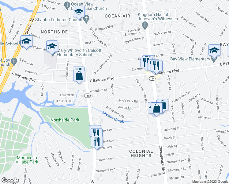 map of restaurants, bars, coffee shops, grocery stores, and more near 8524 Chapin Street in Norfolk