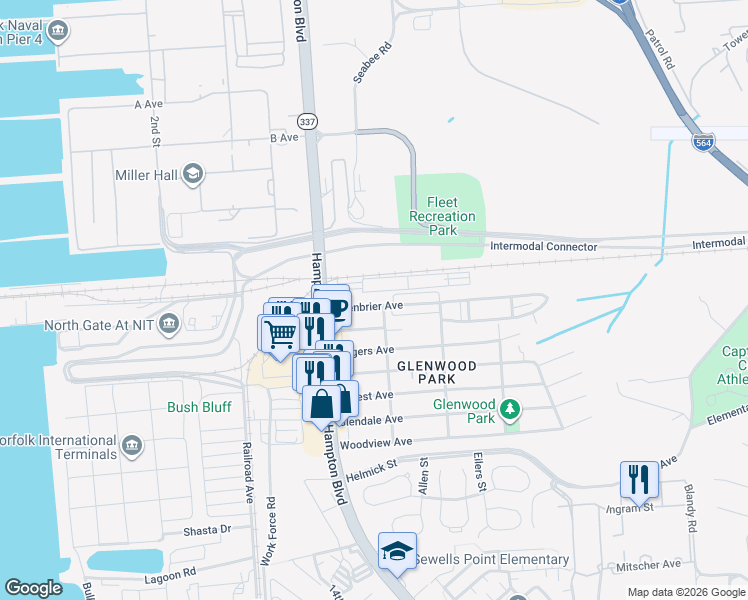 map of restaurants, bars, coffee shops, grocery stores, and more near 137 Greenbrier Avenue in Norfolk