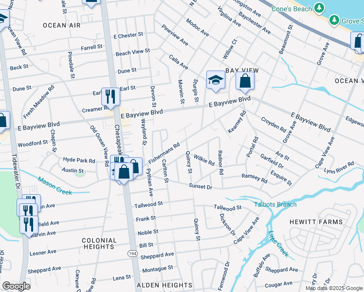 map of restaurants, bars, coffee shops, grocery stores, and more near 1355 Fishermans Road in Norfolk