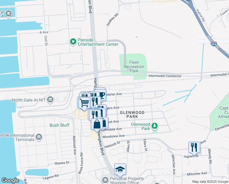 map of restaurants, bars, coffee shops, grocery stores, and more near 137 Greenbrier Avenue in Norfolk