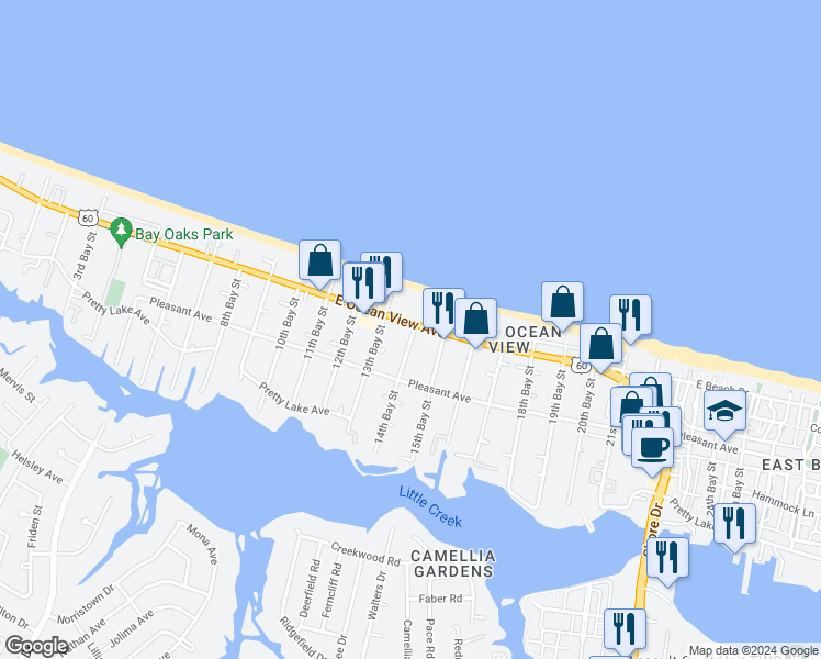 map of restaurants, bars, coffee shops, grocery stores, and more near 3343 East Ocean View Avenue in Norfolk