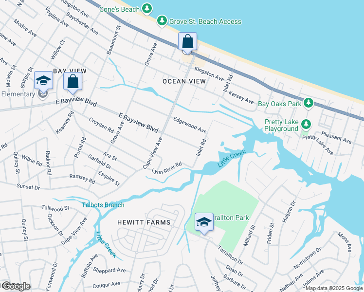 map of restaurants, bars, coffee shops, grocery stores, and more near 1943 East Bayview Boulevard in Norfolk