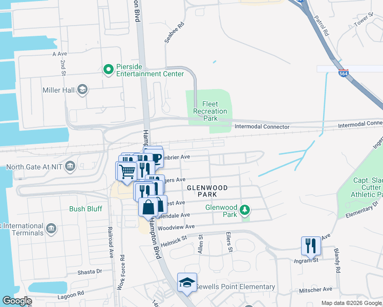 map of restaurants, bars, coffee shops, grocery stores, and more near 235 Greenbrier Avenue in Norfolk