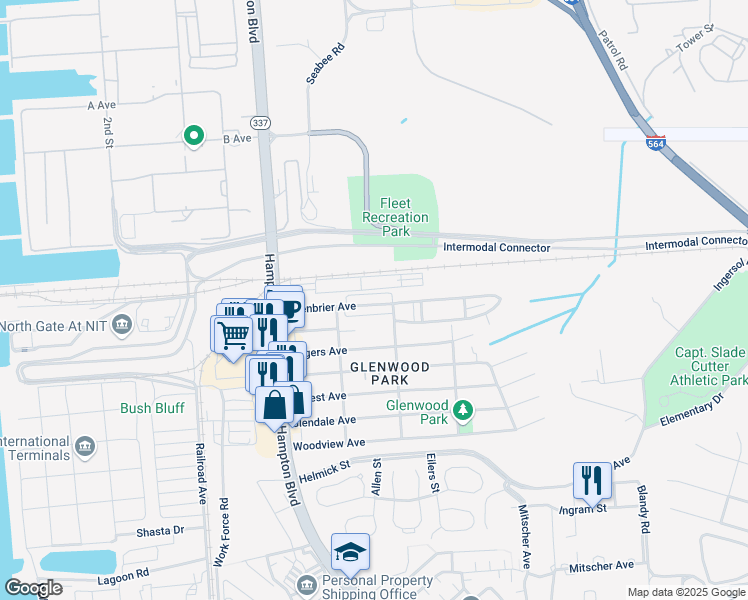 map of restaurants, bars, coffee shops, grocery stores, and more near 244 Greenbrier Avenue in Norfolk