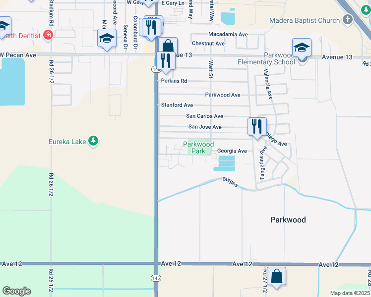 map of restaurants, bars, coffee shops, grocery stores, and more near 12532 Georgia Circle in Madera