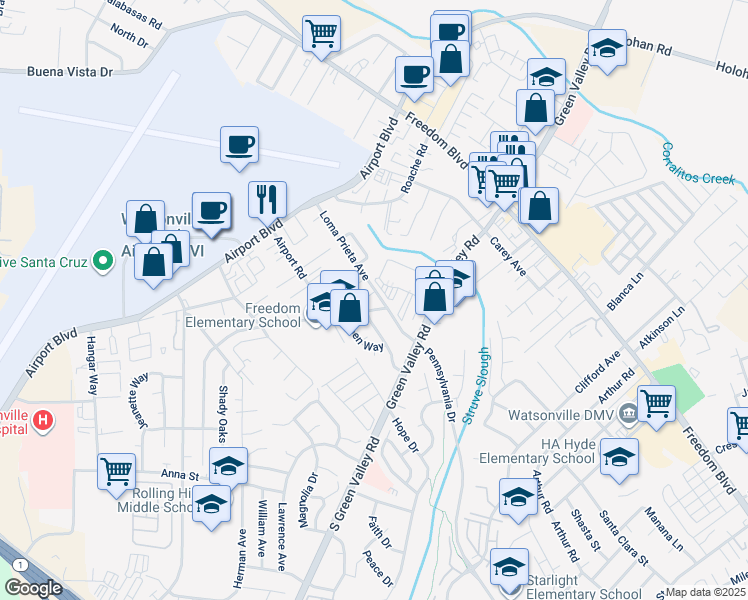 map of restaurants, bars, coffee shops, grocery stores, and more near 80 Loma Prieta Avenue in Freedom