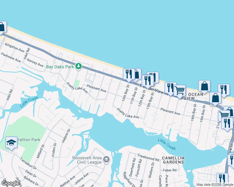 map of restaurants, bars, coffee shops, grocery stores, and more near 9563 9th Bay Street in Norfolk
