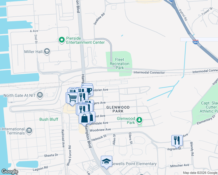 map of restaurants, bars, coffee shops, grocery stores, and more near 235 Greenbrier Avenue in Norfolk