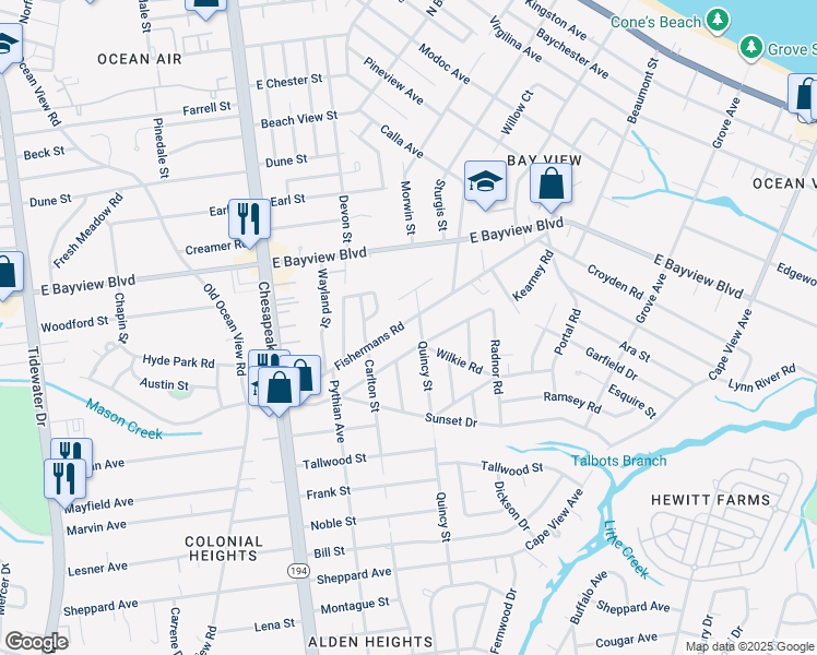 map of restaurants, bars, coffee shops, grocery stores, and more near 1355 Fishermans Road in Norfolk