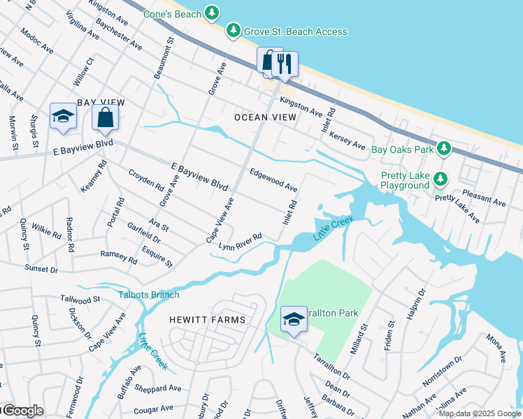 map of restaurants, bars, coffee shops, grocery stores, and more near 1943 East Bayview Boulevard in Norfolk