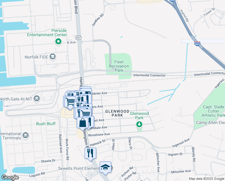 map of restaurants, bars, coffee shops, grocery stores, and more near 244 Greenbrier Avenue in Norfolk