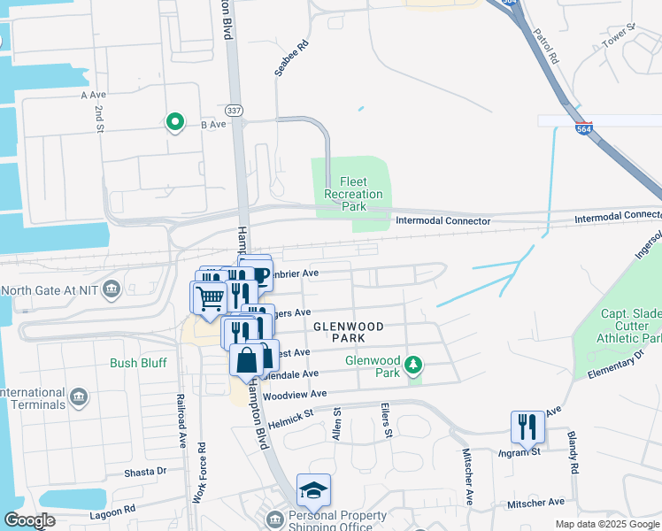 map of restaurants, bars, coffee shops, grocery stores, and more near 240 Greenbrier Avenue in Norfolk