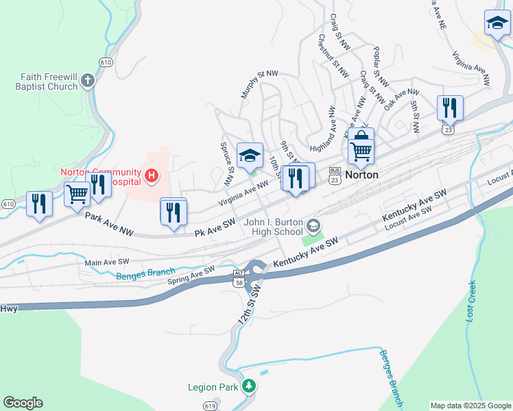 map of restaurants, bars, coffee shops, grocery stores, and more near 1100 Park Avenue Northwest in Norton