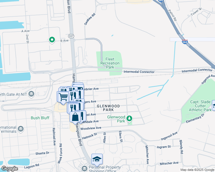 map of restaurants, bars, coffee shops, grocery stores, and more near 8600 Glen Myrtle Avenue in Norfolk