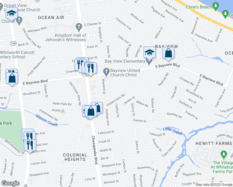 map of restaurants, bars, coffee shops, grocery stores, and more near 8506 Carlton Street in Norfolk