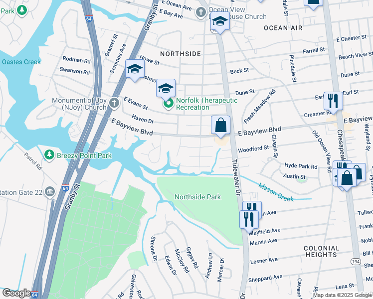 map of restaurants, bars, coffee shops, grocery stores, and more near 249 Richardson Street in Norfolk