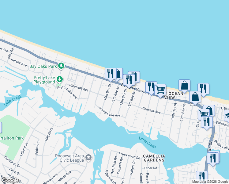 map of restaurants, bars, coffee shops, grocery stores, and more near 9614 11th Bay Street in Norfolk