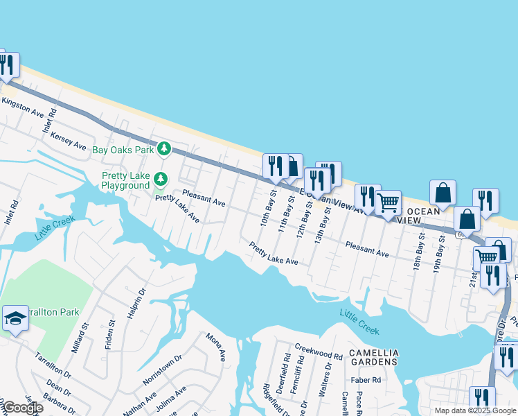 map of restaurants, bars, coffee shops, grocery stores, and more near 9602 10th Bay Street in Norfolk