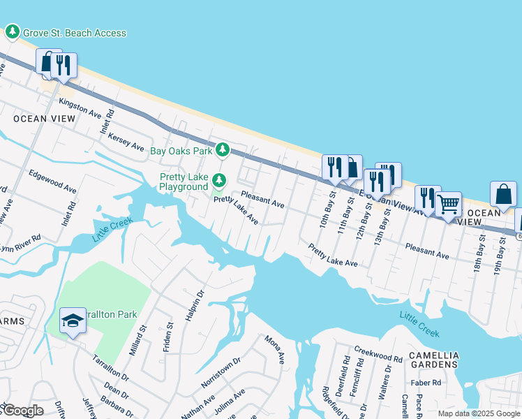 map of restaurants, bars, coffee shops, grocery stores, and more near 2612 Pretty Lake Avenue in Norfolk