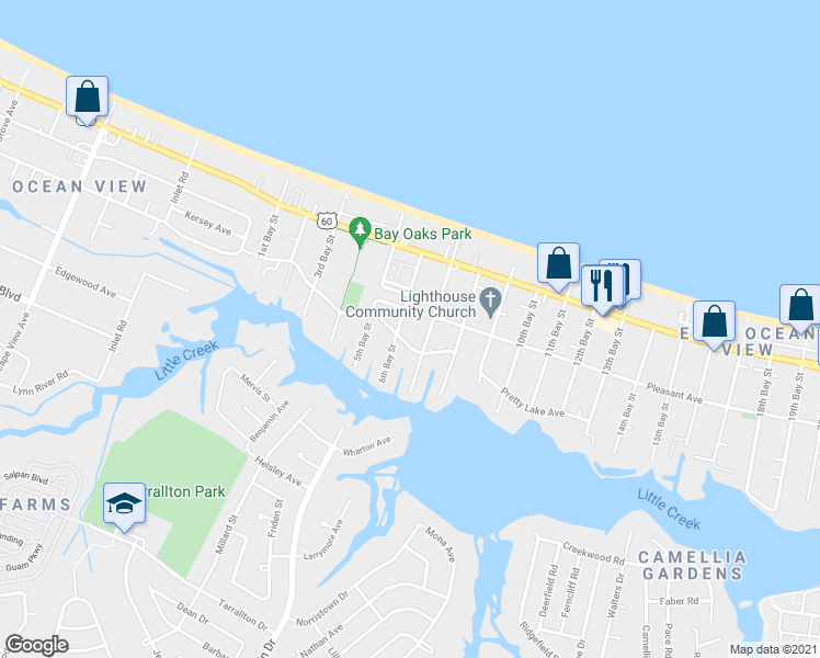 map of restaurants, bars, coffee shops, grocery stores, and more near 2612 Pretty Lake Avenue in Norfolk