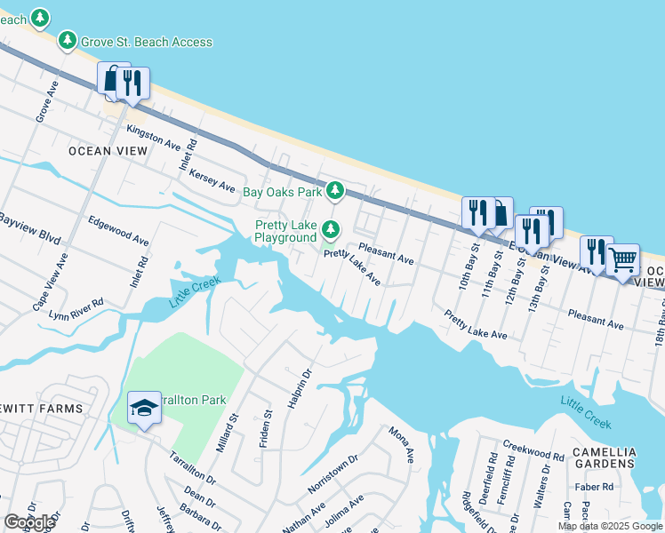 map of restaurants, bars, coffee shops, grocery stores, and more near 9536 5th Bay Street in Norfolk