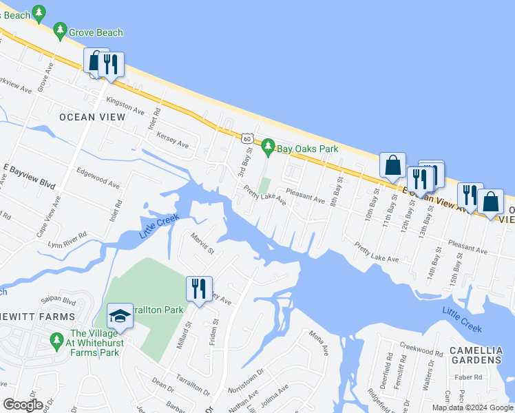 map of restaurants, bars, coffee shops, grocery stores, and more near 9501 4th Bay Street in Norfolk