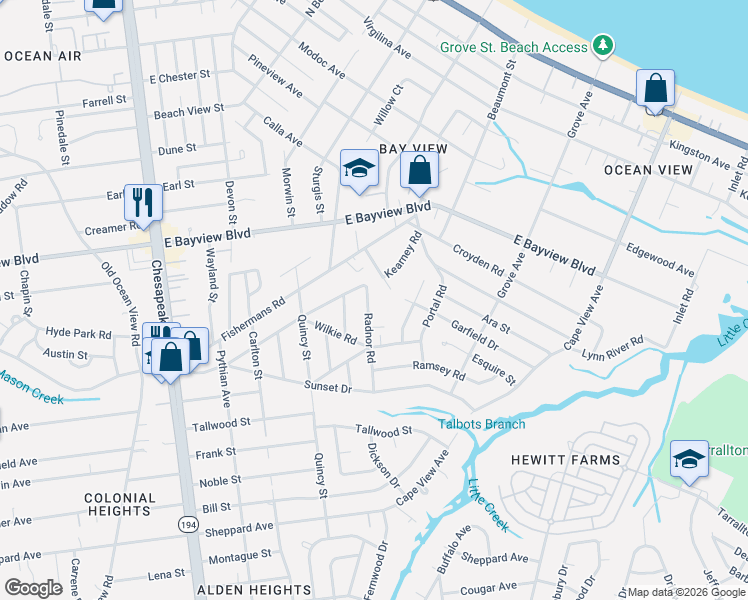 map of restaurants, bars, coffee shops, grocery stores, and more near 8452 Radnor Road in Norfolk