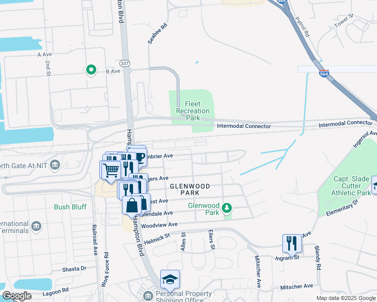 map of restaurants, bars, coffee shops, grocery stores, and more near 8600 Glen Myrtle Avenue in Norfolk
