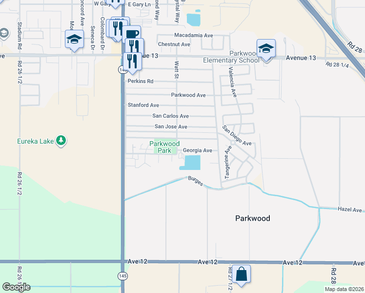map of restaurants, bars, coffee shops, grocery stores, and more near 27321 Georgia Avenue in Madera