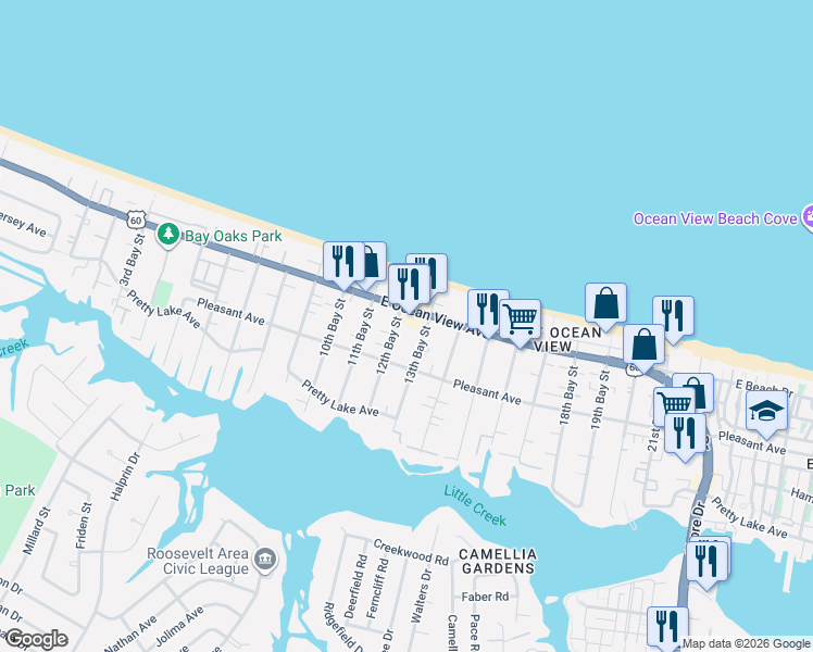 map of restaurants, bars, coffee shops, grocery stores, and more near 9623 13th Bay Street in Norfolk