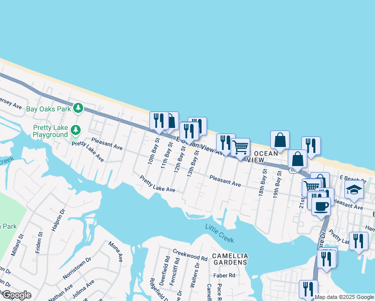 map of restaurants, bars, coffee shops, grocery stores, and more near 9632 12th Bay Street in Norfolk