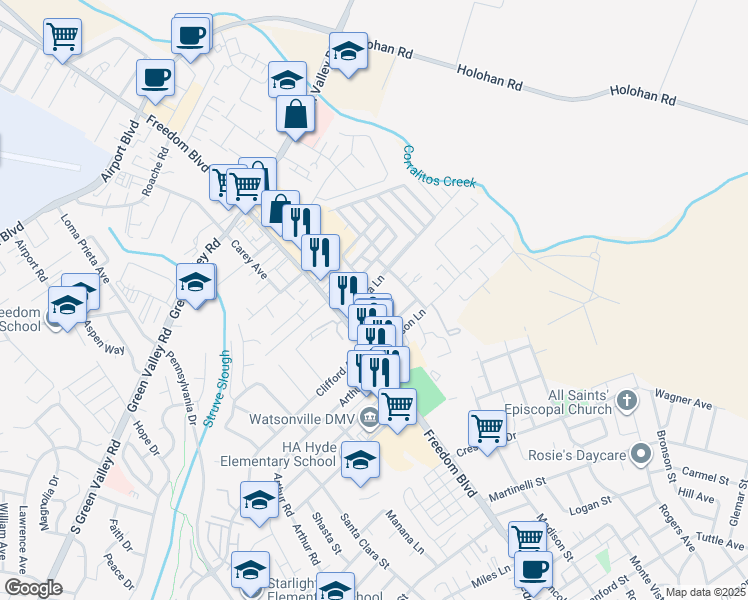 map of restaurants, bars, coffee shops, grocery stores, and more near 1504 Freedom Boulevard in Watsonville