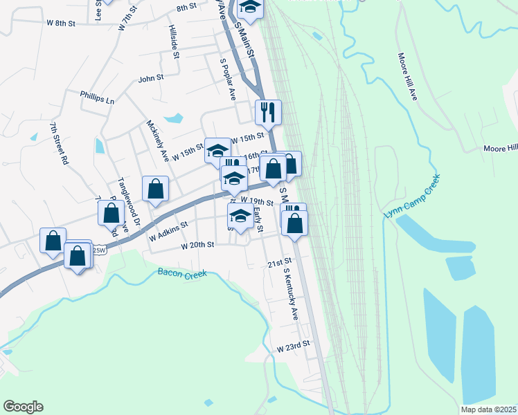 map of restaurants, bars, coffee shops, grocery stores, and more near 1904 South Kentucky Avenue in Corbin